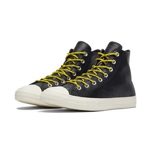 Converse leather hi tops with yellow laces size 10